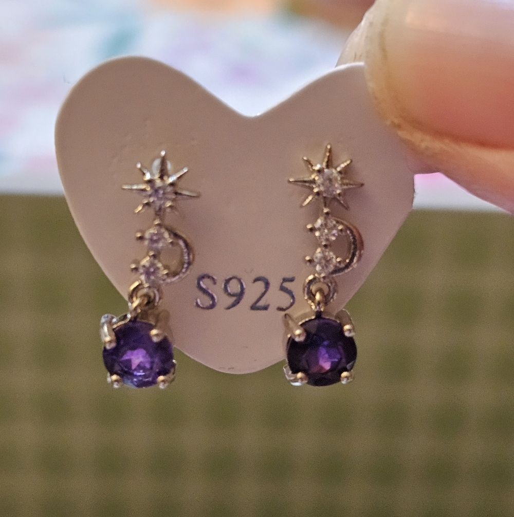 Dangle Half Moon Post Earrings With Amethyst Gemstones